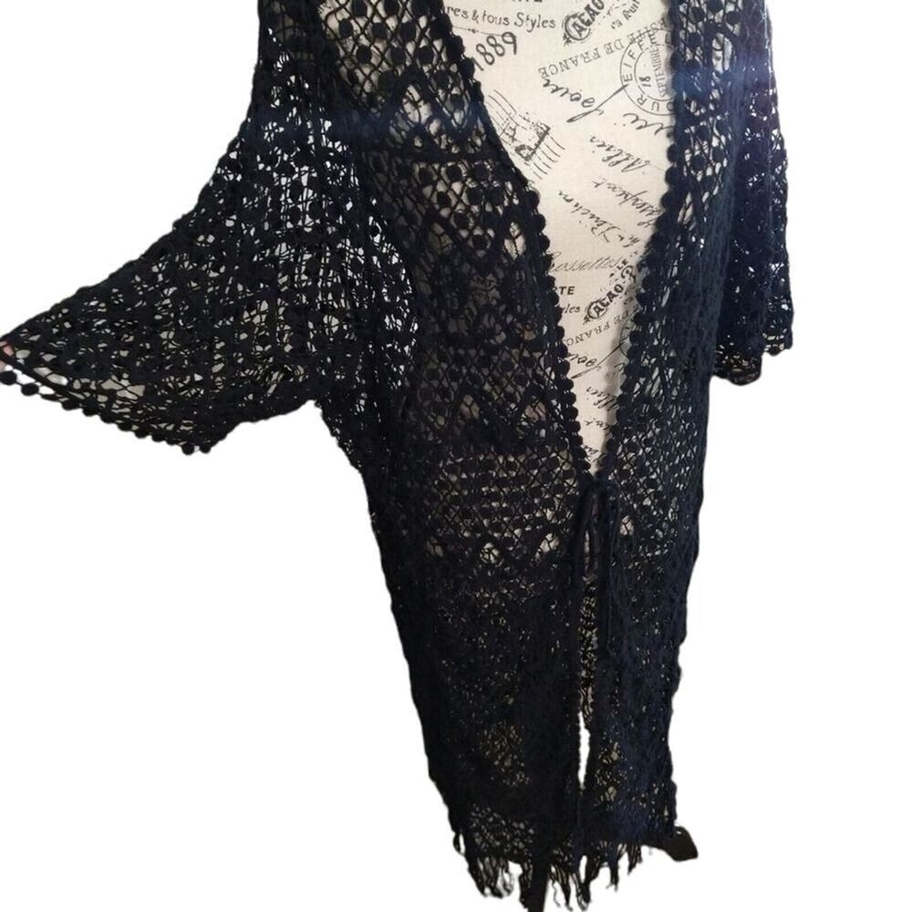 Blvd Crotchet FRINGED Cardigan Black Long Boho Cottage Core Feminine Y2k